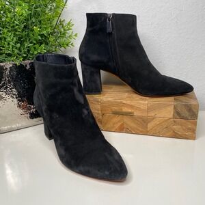 Santoni Black‎ Suede Leather Pointed Toe Zip Block Heel Ankle Boots 38.5EU/8.5US